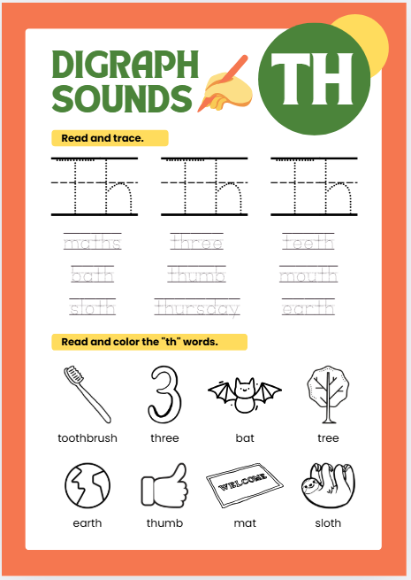 TH digraph phonics worksheet for preschool and kindergarten sound recognition