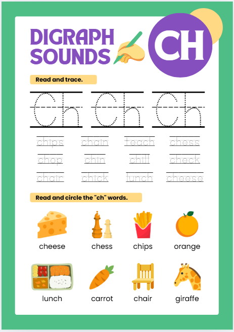 CH digraph phonics worksheet for preschool and kindergarten sound recognition