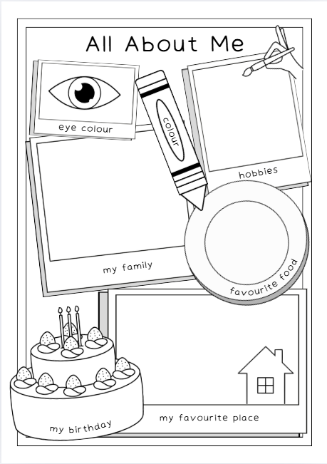 Colorful All About Me worksheet for preschool and kindergarten students with name, age, and family sections