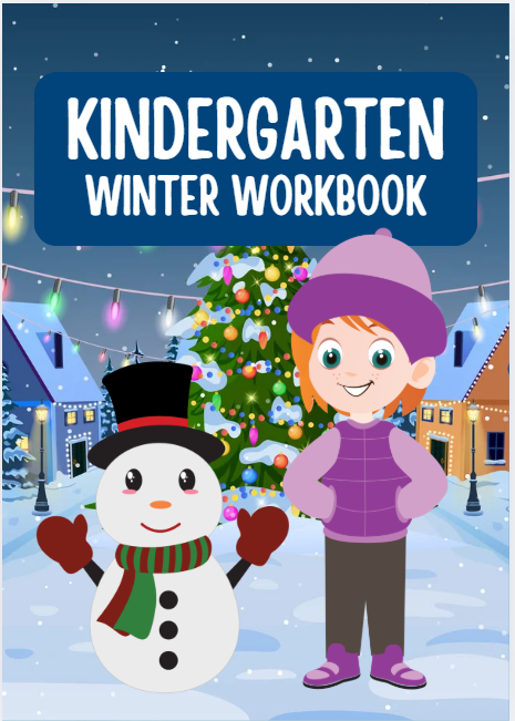 Winter-themed kindergarten workbook with math and literacy activities