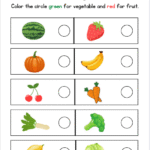 Fruit and vegetable sorting worksheet for preschool and kindergarten science