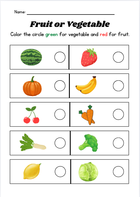 Fruit and vegetable sorting worksheet for preschool and kindergarten science
