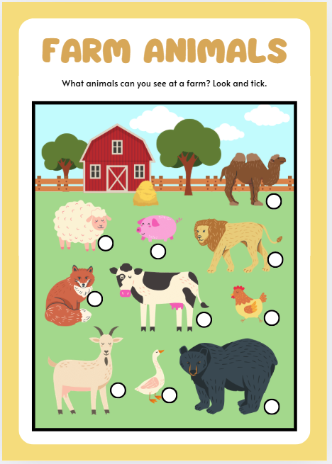Farm animals matching worksheet for preschool and kindergarten learning