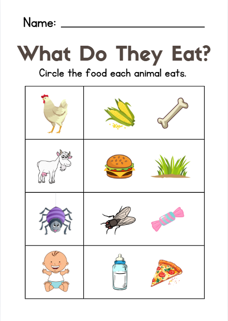Farm animals and their food matching worksheet for preschool and kindergarten