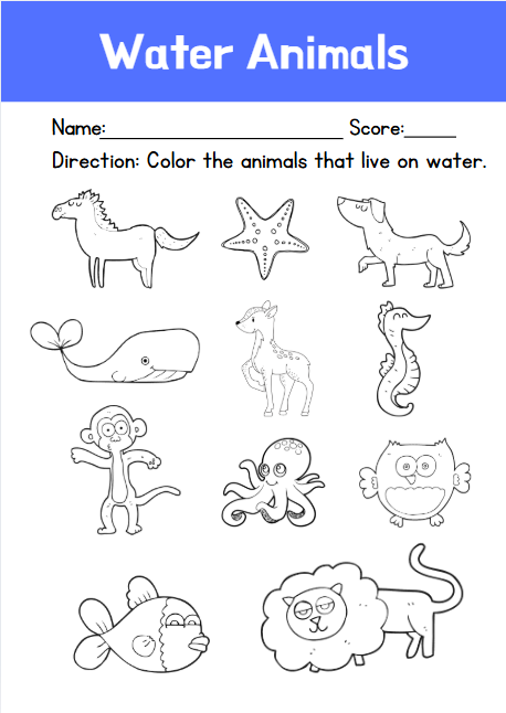 Land and water animal sorting worksheet for preschool and kindergarten science