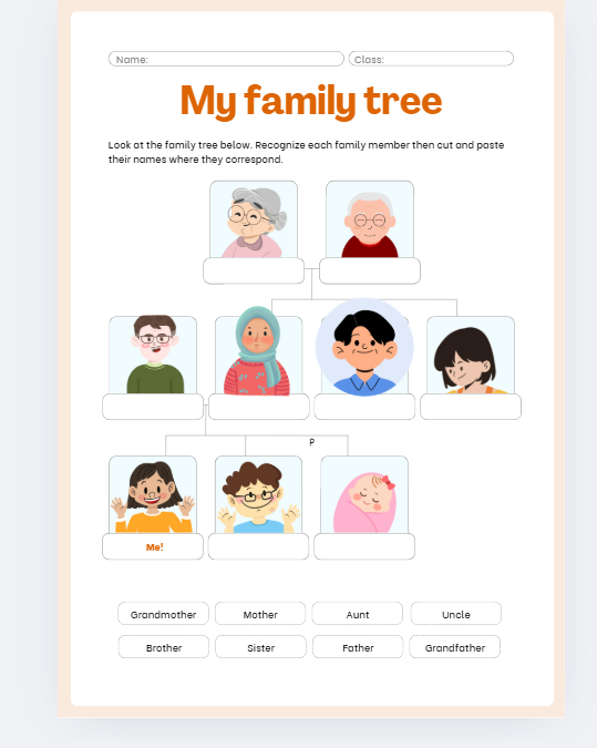 Family tree worksheet with branches for preschool and kindergarten social studies