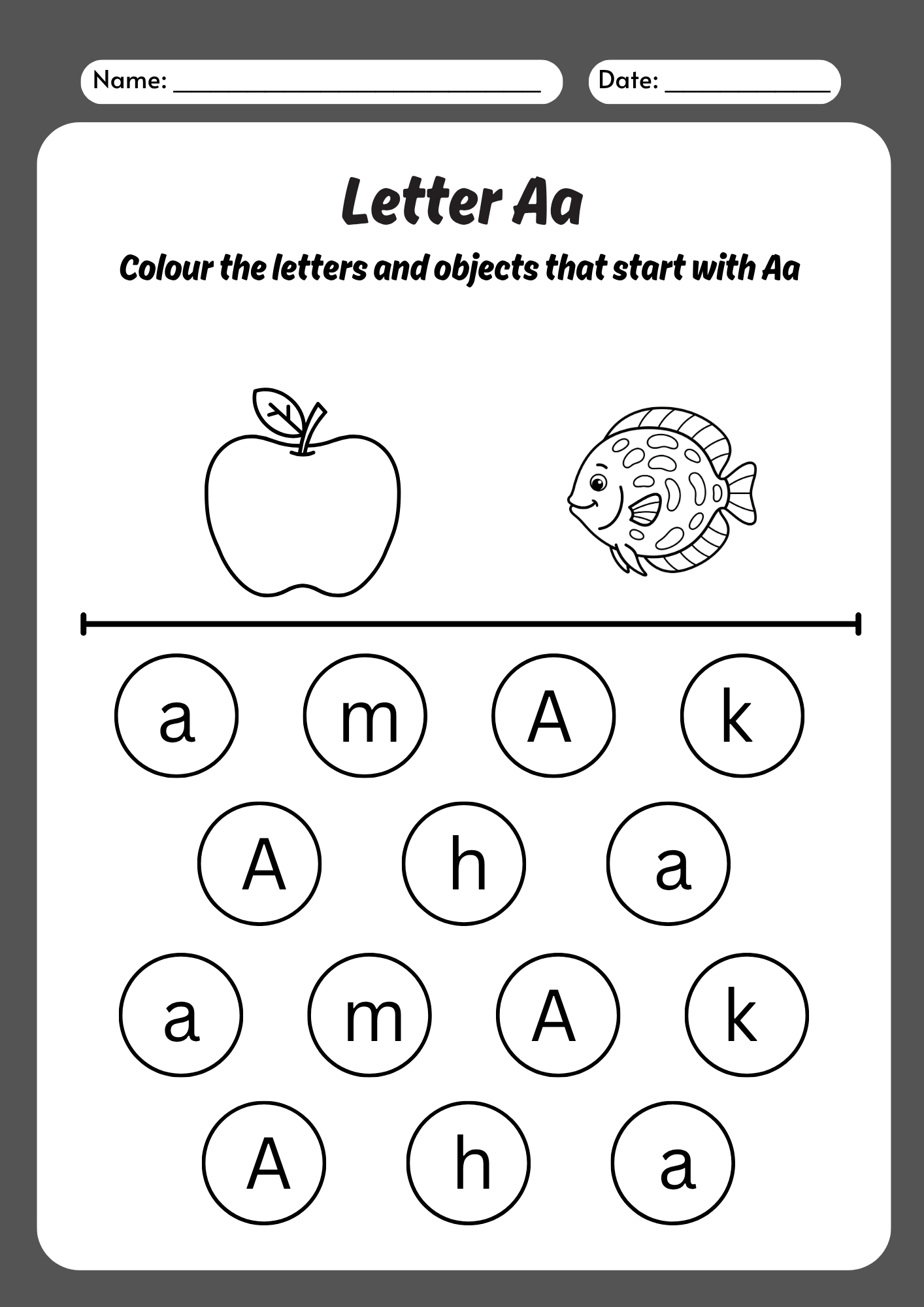Activity worksheet for kids to find and color uppercase and lowercase letter a hidden among other letters