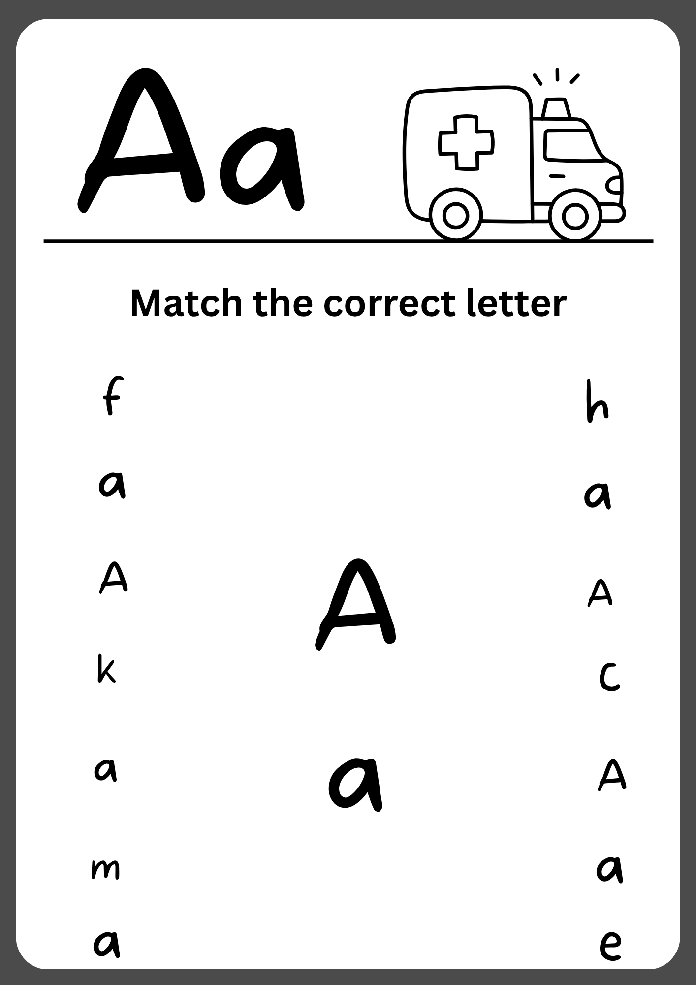 Printable worksheet where kids match uppercase A to lowercase a and color matching pairs