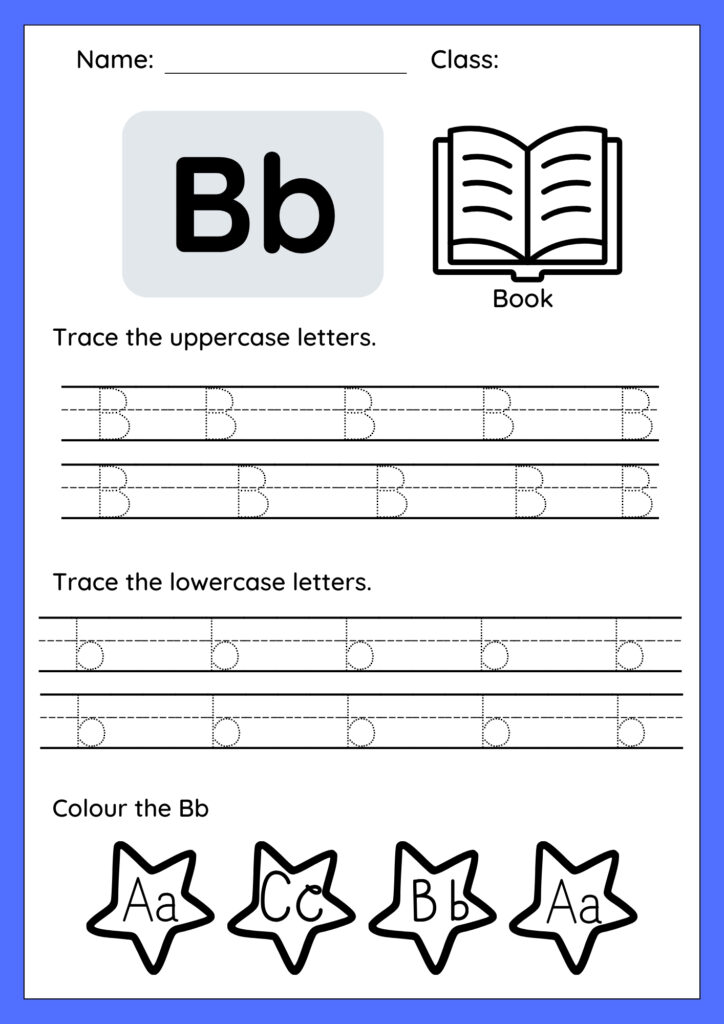A preschool tracing worksheet showing a capital letter B and a lowercase letter b with dotted lines, a cartoon ball, and a cartoon bat. A child's hand uses a pencil to trace the letter.