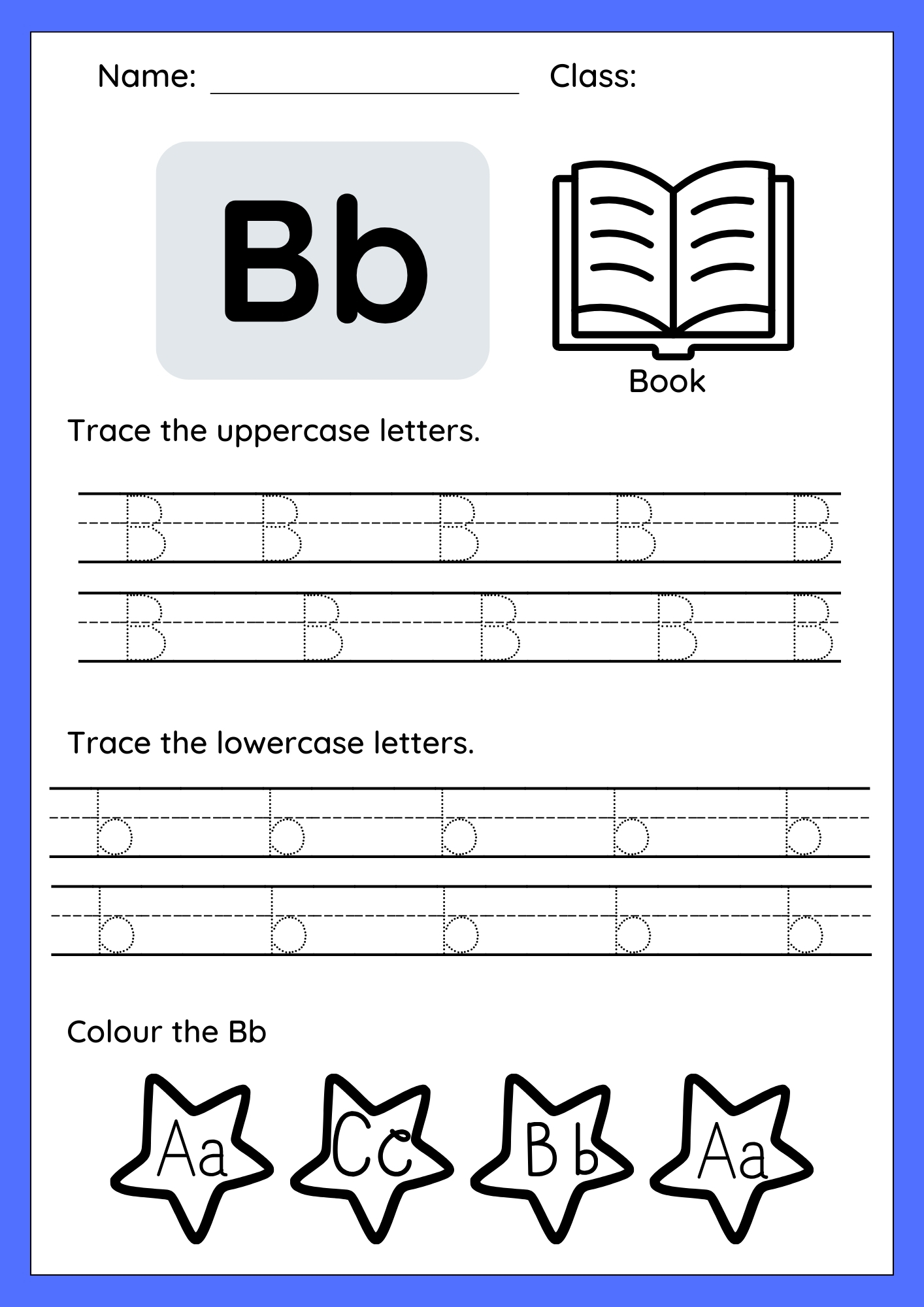 A preschool tracing worksheet showing a capital letter B and a lowercase letter b with dotted lines, a cartoon ball, and a cartoon bat. A child's hand uses a pencil to trace the letter.