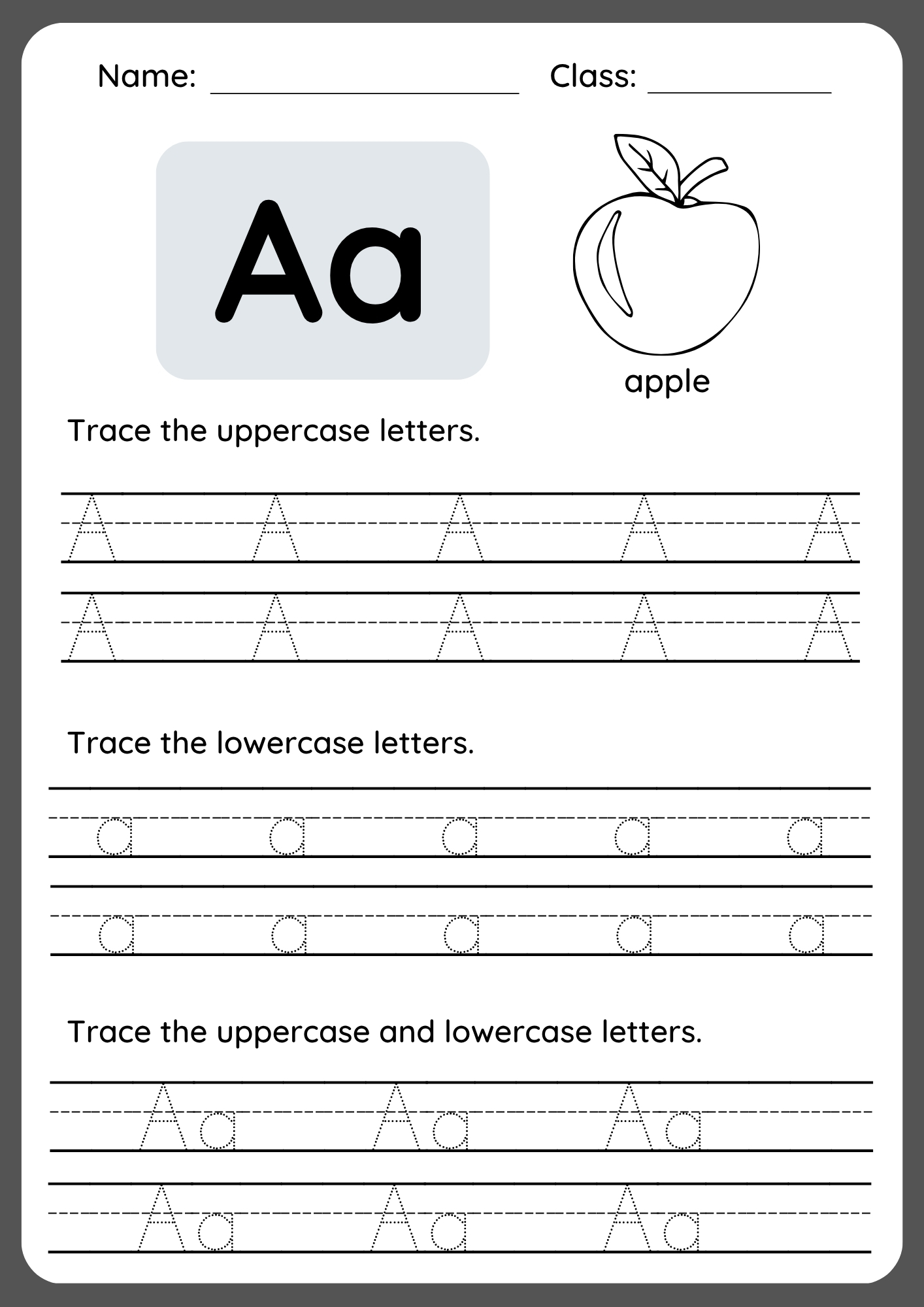 Printable worksheet for tracing and practicing uppercase A and lowercase a with dotted lines and pictures