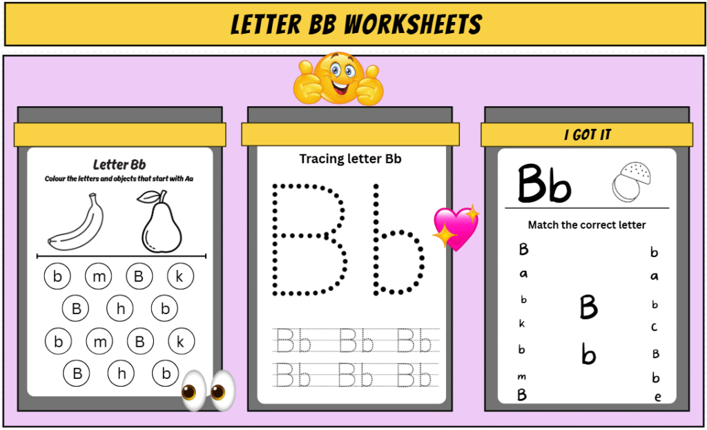 Collage of multiple printable letter B worksheets including tracing uppercase and lowercase B, matching B words, coloring a bear and ball, and finding letter B in a grid
