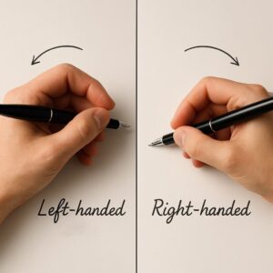 "A side-by-side comparison showing a left-handed child and a right-handed child tracing letters on different worksheets, demonstrating hand position and pencil grip differences."