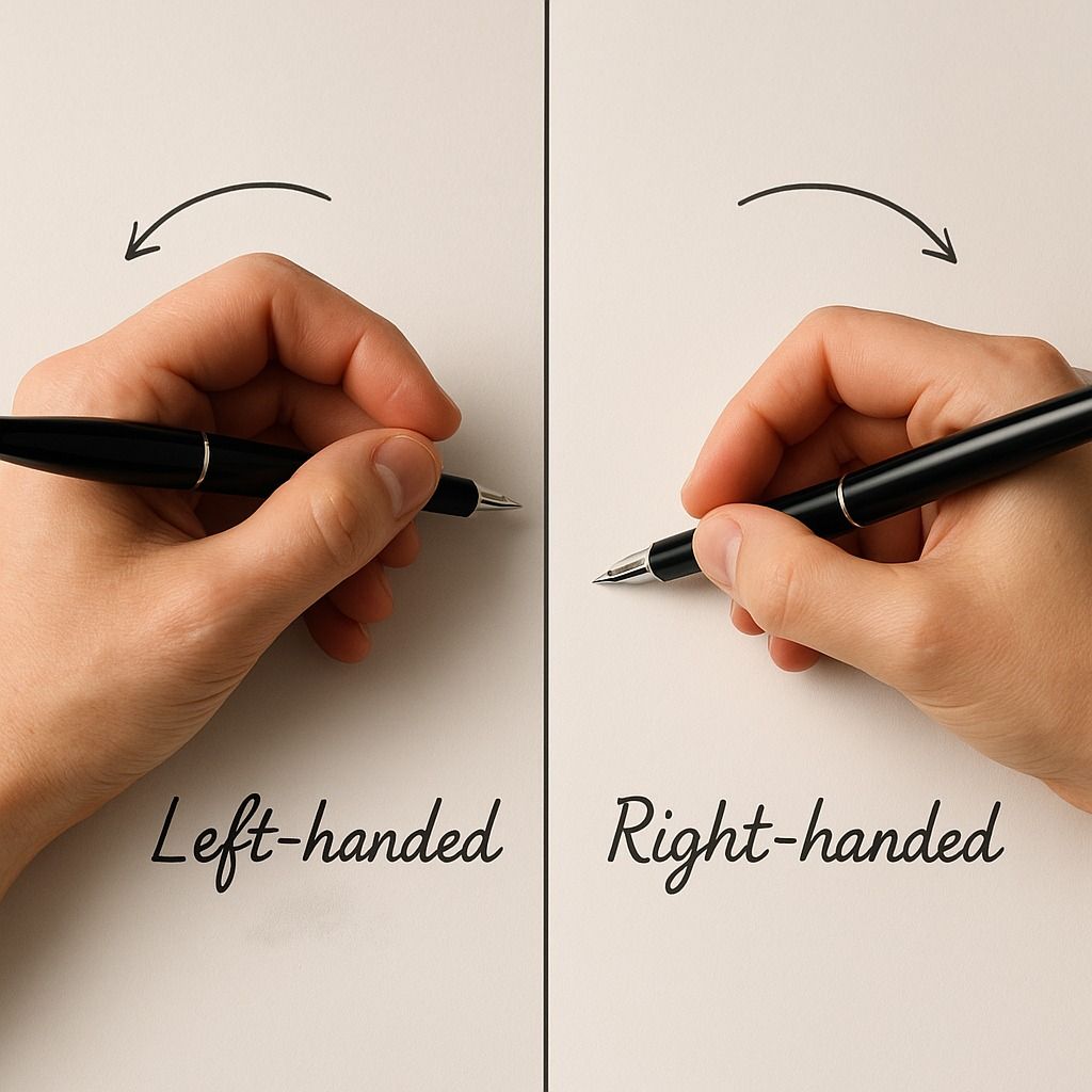 "A side-by-side comparison showing a left-handed child and a right-handed child tracing letters on different worksheets, demonstrating hand position and pencil grip differences."