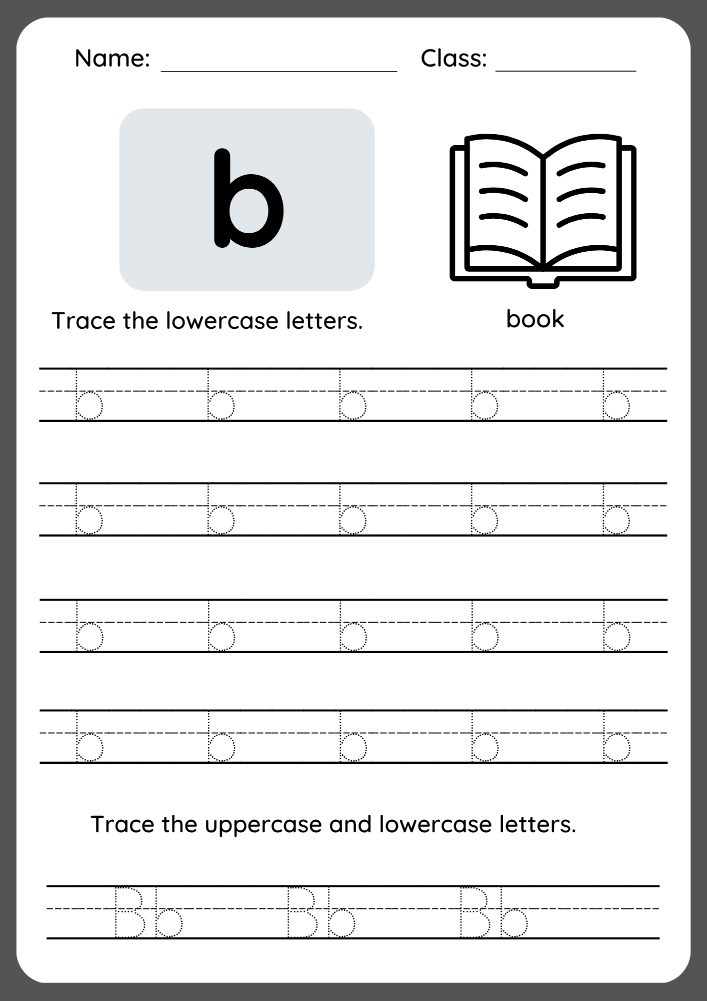 Printable worksheet for tracing lowercase letter b with dotted lines and directional arrows