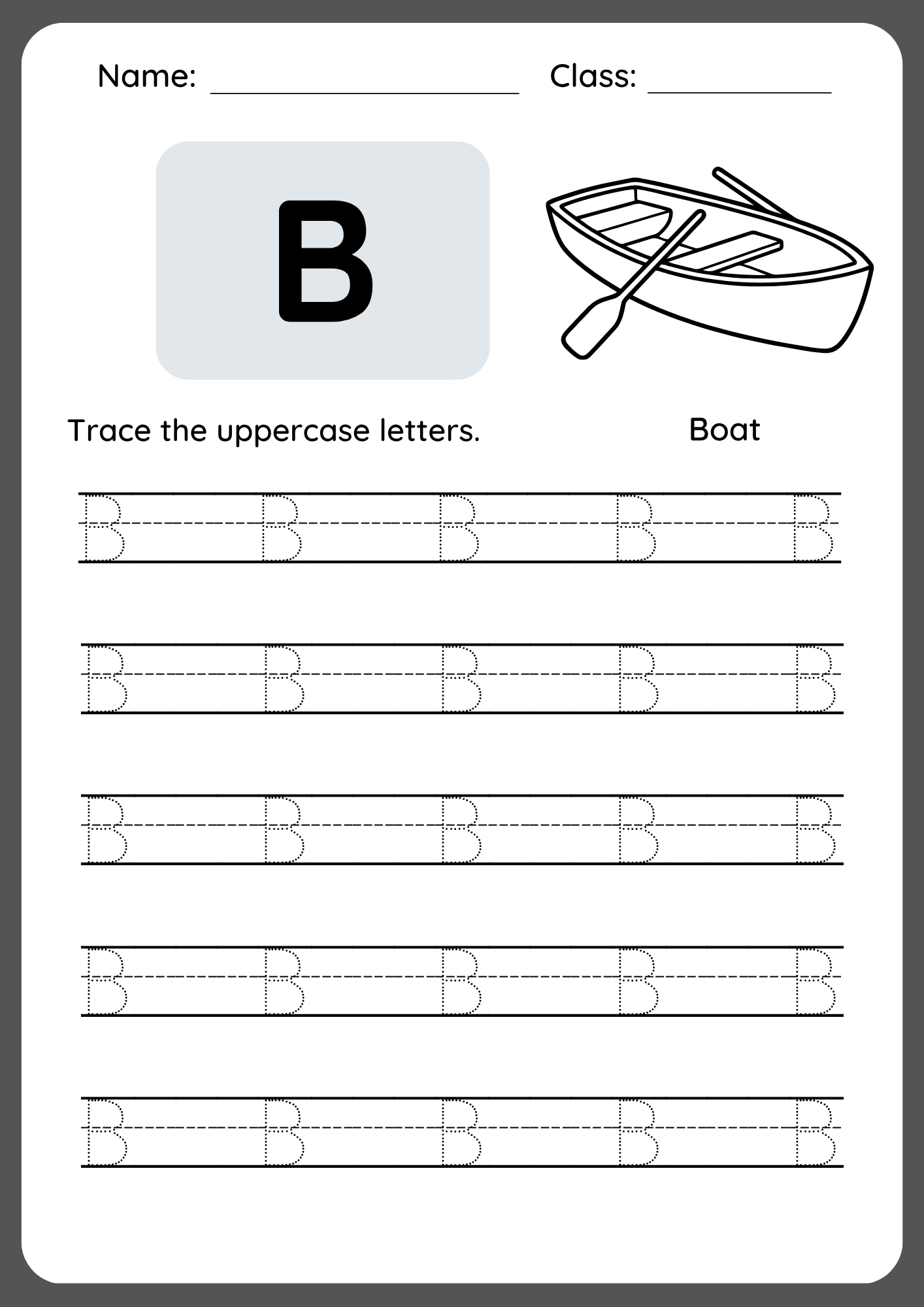 Printable worksheet for tracing uppercase letter B with dotted lines and directional arrows