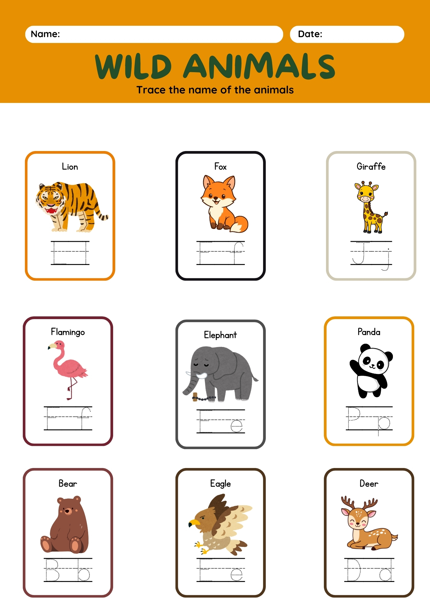 Wild animals vocabulary worksheet with matching activities for preschool and kindergarten